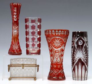 (5) COLLECTION OF COLORED GLASS VASES & TABLE CASKET