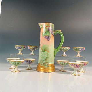 11pc Hand Painted Limoges Pitcher and Cups Set, Grapes and Vines
