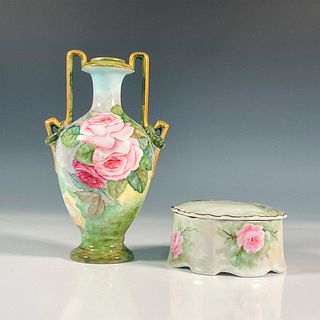 2pc Porcelain Artist Signed Lidded Box and Amphora Vase