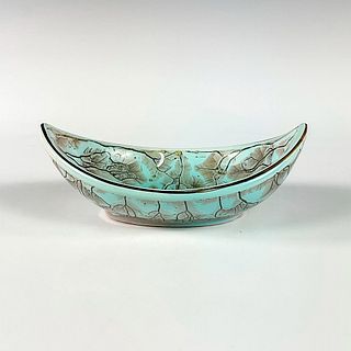 Mid Century Modern Hand Painted Delft Blue Green Oval Candy Dish Bowl