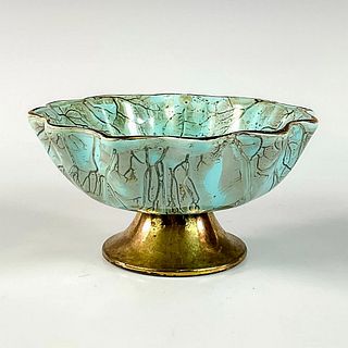 Mid Century Modern Delft Scallop Edge Pedestal Bowl With Brass Footing