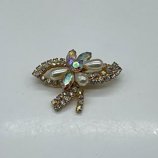 Vintage Aurora Borealis Rhinestone and Faux Pearls Bow Pin