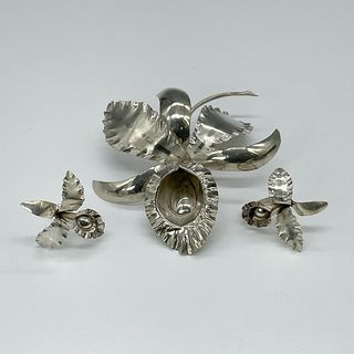 3pc Vintage Sterling Silver Orchid Brooch and Earring Set