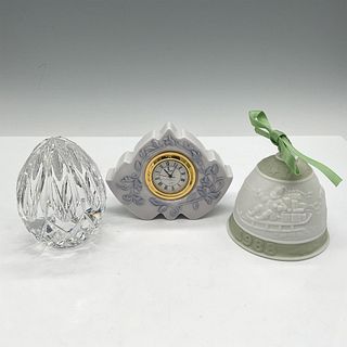 3pc Lladro Porcelain Marbella Clock, Bell + Heritage Crystal