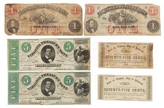 ASSORTED VIRGINIA CIVIL WAR OBSOLETE CURRENCY / NOTES, LOT OF SIX