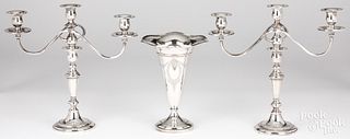Pair of weighted sterling silver candelabra & vase