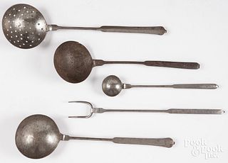 Five wrought iron kitchen utensils, 19th c.