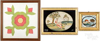 Three framed works including a quilt square, etc.