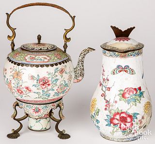 Chinese Qing enamel kettle, stand, & pitcher