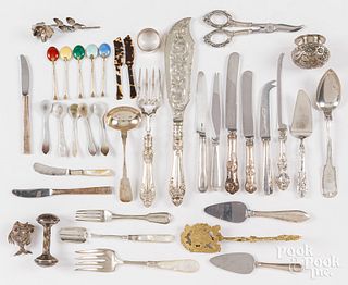 Silver handled flatware, enameled silver spoons