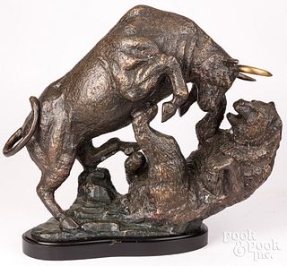 Bronzed spelter sculpture of bull and bear