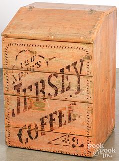 Painted pine Jersey Coffee bin, late 19th c.