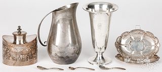 Sterling silver pitcher, vase, and salt spoon, etc