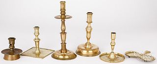 French brass pillar stick, snuff tray, candlestick