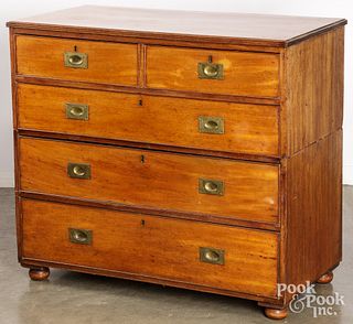 English two-piece mahogany campaign chest