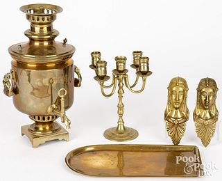 Brass samovar, 19th c., 14" h., together with a br