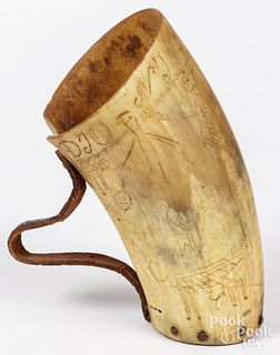 Scrimshaw horn cup, 19th c., with scenes of people