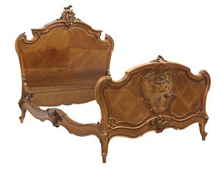 FRENCH LOUIS XV STYLE CARVED MATCHED VENEER BED