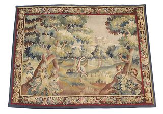 ANTIQUE FRENCH AUBUSSON STYLE VERDURE WOVEN TAPESTRY, 60" X 76"