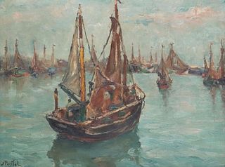 JULES POSTEL (1867-1955) OIL PAINTING SAILBOAT APPROACHING THE HARBOR