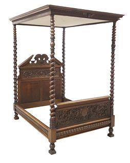 FRENCH HENRI II STYLE CARVED WALNUT FOUR-POSTER TESTER BED