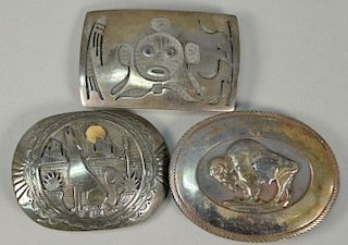 Three sterling silver Western Navajo Native American Indian belt buckles, one with wolf CB, one with Buffalo Tom Bahe, and on