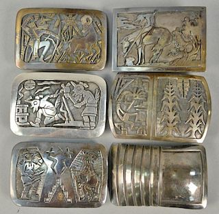 Six sterling silver Navajo Native American Indian belt buckles, one marked SC, four marked indistinctly. largest: 3" x 2", 10