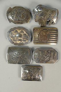 Seven sterling Southwest U.S. Navajo Native American Indian belt buckles marked Wadsworth, TA Begay, initialed CL, Bet, etc. 