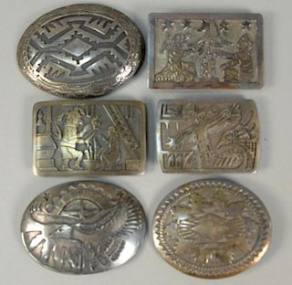 Six sterling Navajo Native American Indian belt buckles marked Yellow Horse EJ, Thomas Singer, and CW. largest: 2 1/2" x 3",1