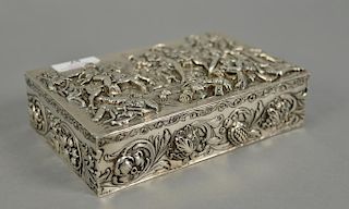 Continental silver box with embossed battle scene marked on bottom. lg. 7 3/4in., 18.04 t oz.