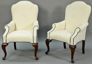 Pair of custom upholstered Queen Anne style armchairs, very clean. ht. 43in., wd. 27in.