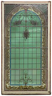 MONUMENTAL ARCHITECTURAL STAINED & LEADED GLASS WINDOW, 99.5" X 53"