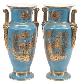 (2) OLD PARIS STYLE CHINOISERIE DECORATED PORCELAIN VASES