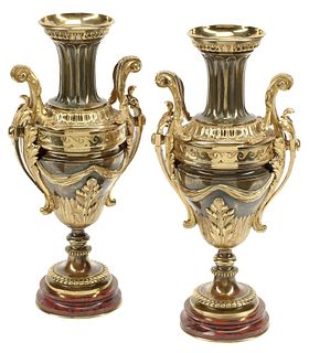 (2) BRONZE VASES ON ROUGE MARBLE BASES