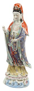 CHINESE ENAMELED PORCELAIN FIGURE, STANDING GUANYIN, 24"H