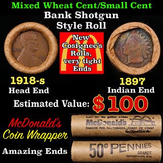 Small Cent Mixed Roll Orig Brandt McDonalds Wrapper, 1918-s Lincoln Wheat end, 1897 Indian other end, 50c
