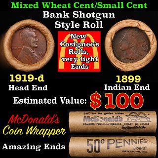 Small Cent Mixed Roll Orig Brandt McDonalds Wrapper, 1919-d Lincoln Wheat end, 1899 Indian other end, 50c