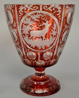 Bohemian ruby cut to clear glass vase etched with stag. ht. 9 1/4in.