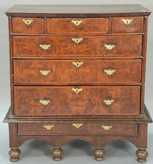 George II two part burlwood highboy, 18th century (legs cut down). ht. 45in., wd. 41in., dp. 22in. Provenance: Collection of 