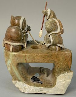 Inuit Eskimo carving Eunice Shytoo MuckpahBoys Fishing on pedestal. ht. 11 1/2in., pedestal ht. 30in.