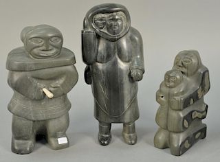 Three large Inuit Eskimo carvings to include Gina Sala Kuujjuaraapik dark green serpentine Woman/Child (11 1/2"), unknown art
