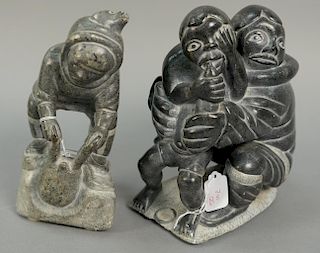 Two large Inuit Eskimo figural carvings including one attributed to Levi Qumaluk black soapstone Mother Feeding Child (9 1/2"