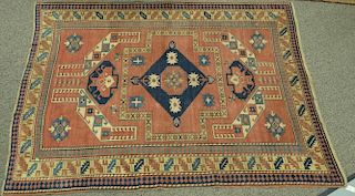 Kazak Oriental rug, even wear, end frayed. 6' x 8'2".