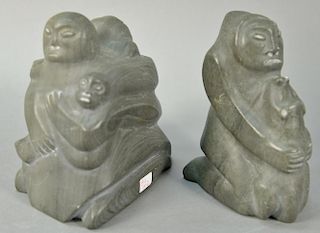 Two Inuit Eskimo carvings including Annie Niviaxie (1930-1989) Kuujjuarapik dark green serpentine Inuk & Dog (ht. 6in.) and A