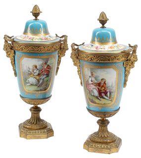 (2) ORMOLU-MOUNTED SEVRES STYLE PORCELAIN VASES & COVERS