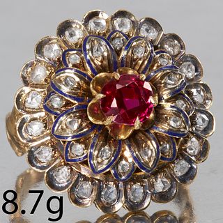 ANTIQUE RUBY DIAMOND AND ENAMEL FLORAL CLUSTER RING