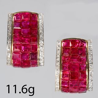 FINE PAIR OF INVISIBLE/MYSTERY SET RUBY AND DIAMOND EARRINGS