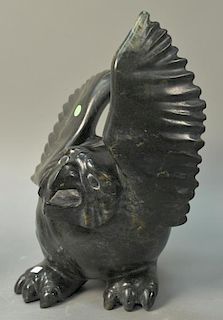 Large Inuit Eskimo carving, Aqjangajuk Shaa (1937) Cape Dorset, Bird, black serpentine on pedestal. ht. 18 1/2in., pedestal h