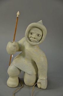 Inuit Eskimo carving, Ruben Komangapik (1976), , Pond Inlet/Montreal, Kneeling Hunter grey serpentine on pedestal. figure siz