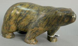 Inuit Eskimo carving Mark Totan (1953) brown/black Brazilian soapstone Large Polar Bear. ht. 6in., lg. 12in., pedestal ht. 30